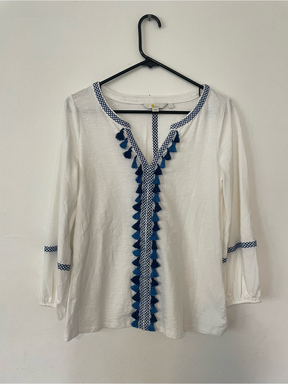 Boden Tunic Top with Blue Tassels - 100% Cotton - Size S
